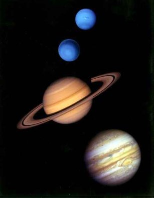 Planety zewnętrzne: (od góry) Neptun, Uran, Saturn i Jowisz